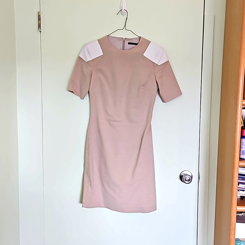 Beige Sheath dress with leather shoulders